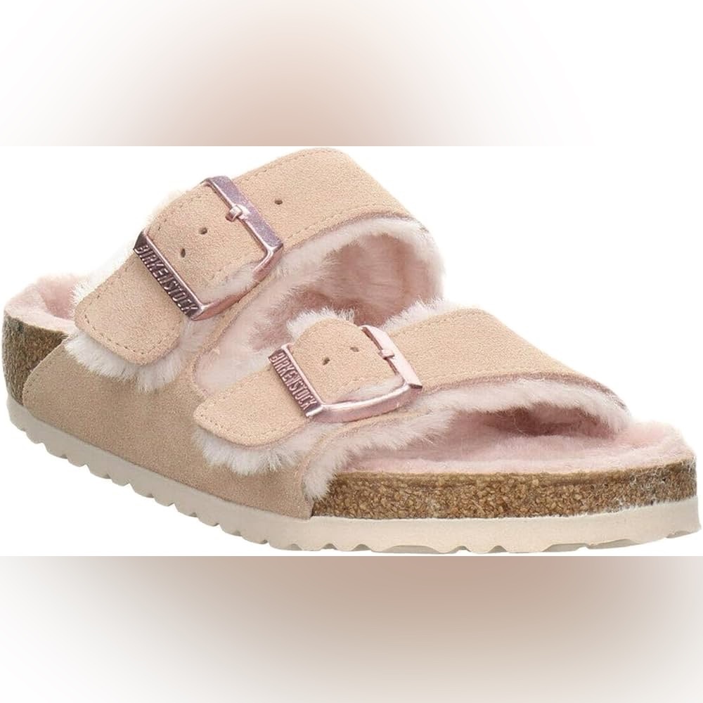 Birkenstock Arizona Soft Pink Shearling Suede Slide Sandals